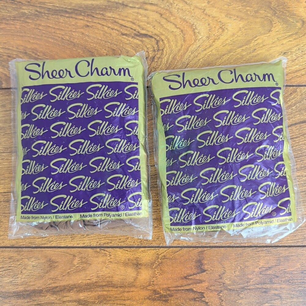 2 Women's Sheer Charm Pantyhose Silkies Brand 622 Sz Medium Beige Vtg Hosiery